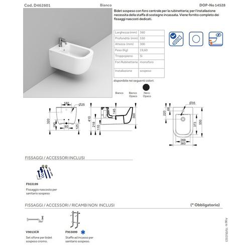 MIRTO D462601 BIDET MONOFORO SOSPESO BIANCO LUCIDO Foto 2