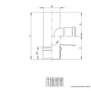 NERINO RACCORDO T 90° MASCHIO/FEMMINA/MASCHIO CON TAPPO Ø 80 MM. IN ACCIAIO CARBONIO VERNICIATO NERO 12/10 (PER PELLET)